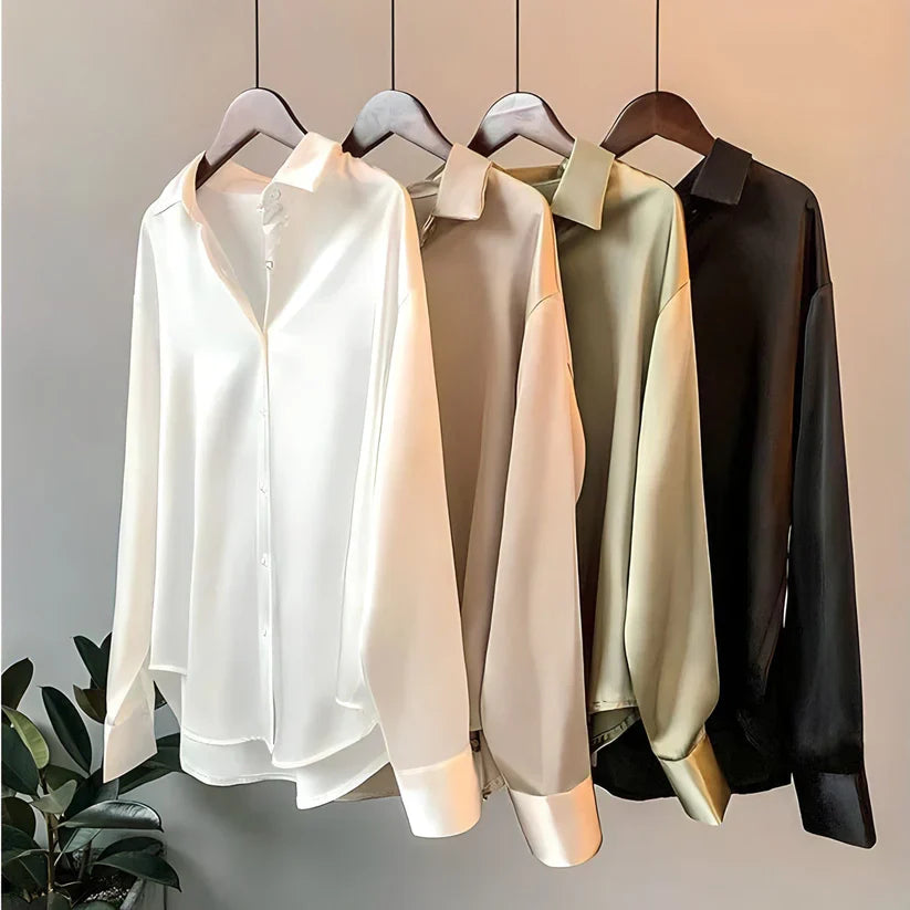 Blouse en satin pour femme à manches longues avec col à revers et boutons devant