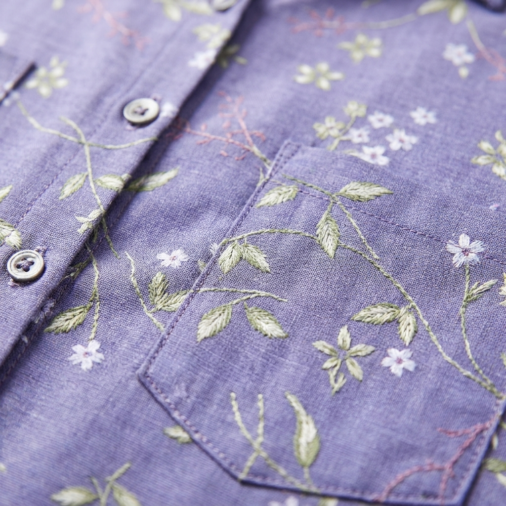 Camisa de Mujer de Manga Corta con Estampado Botánico y Doble Bolsillo Frontal