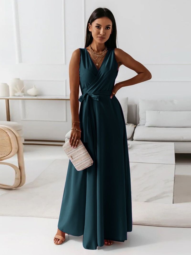 Wedding Guest Dress with V-Neck and Flowing Maxi Skirt for Women
