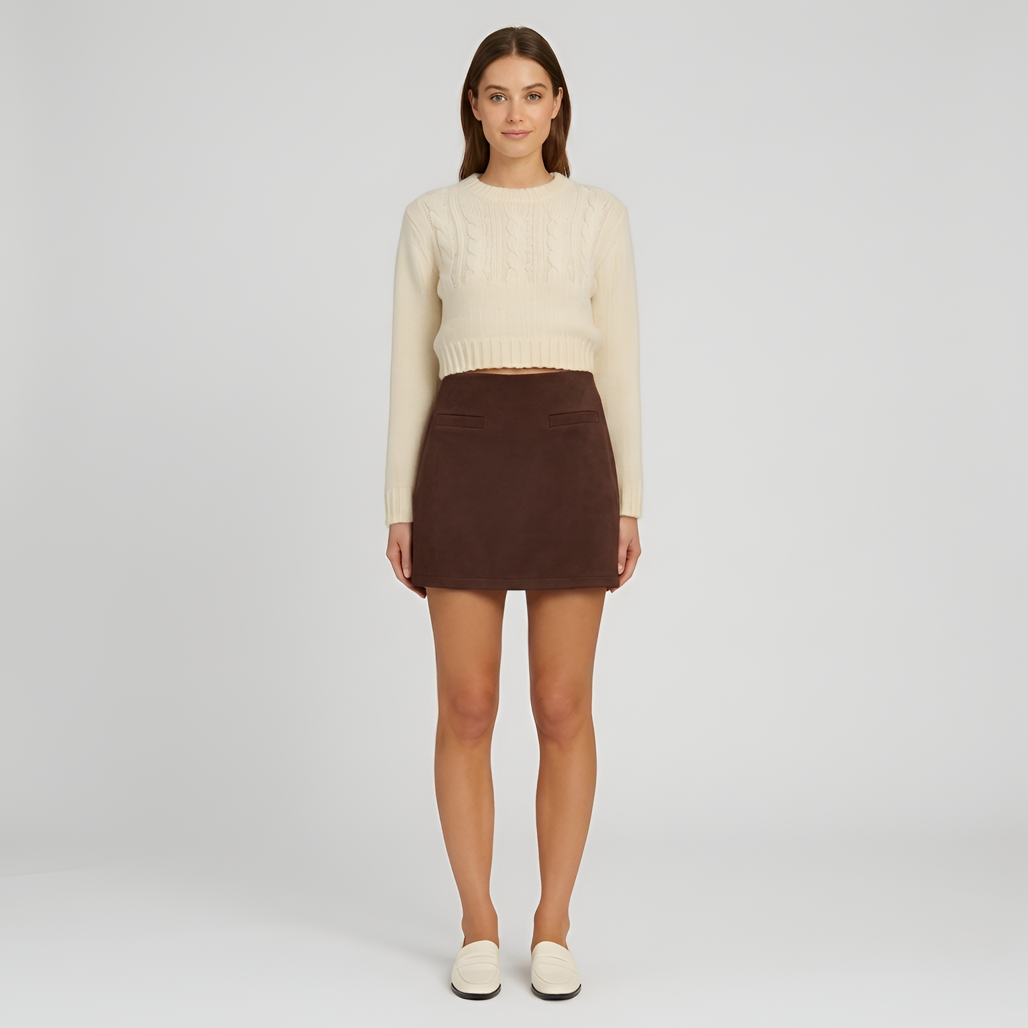 Women's Two-Piece Set Knitted Cable Sweater and High-Waist Mini Skirt