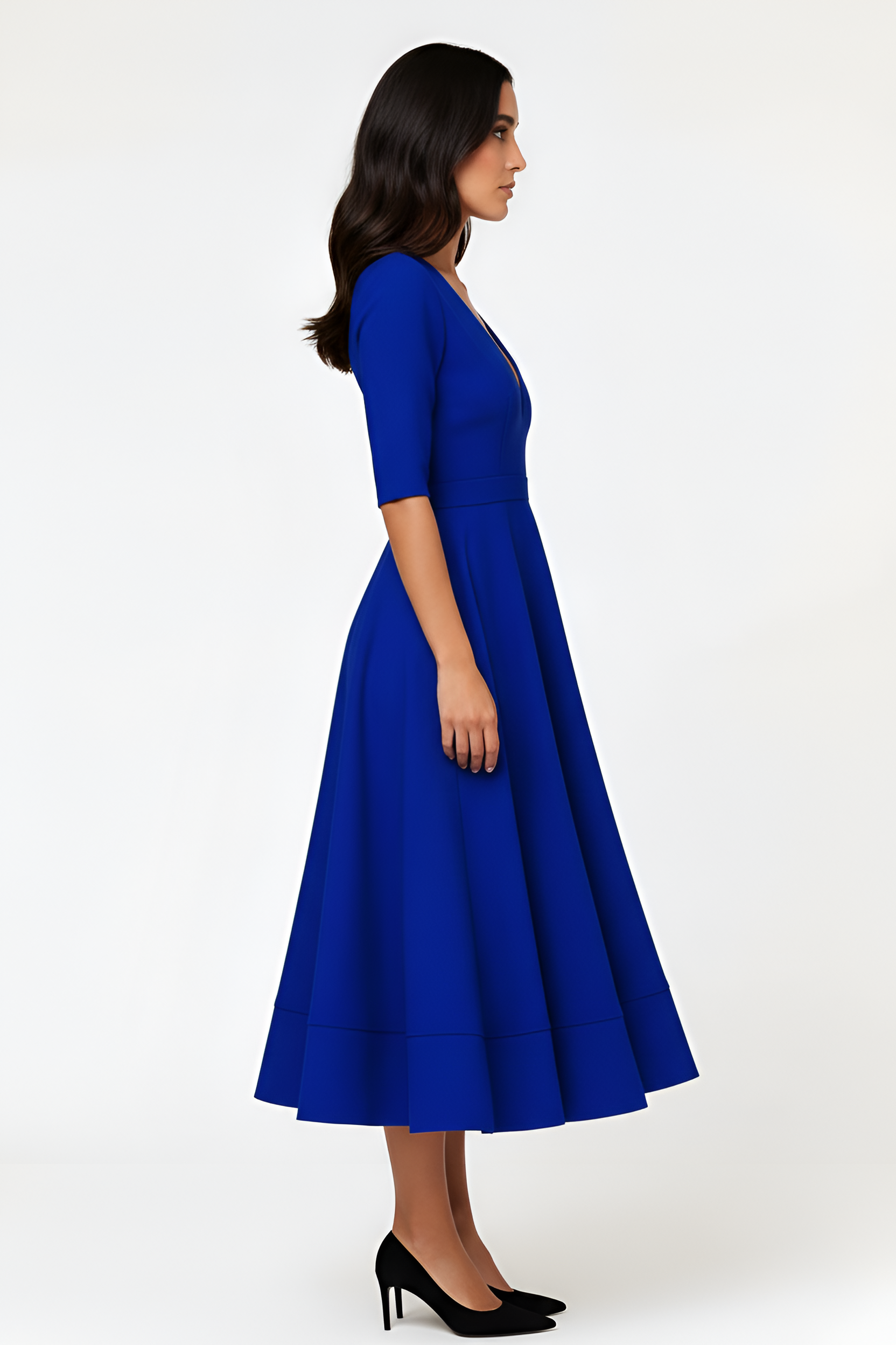 Vestido Midi de Poliéster con Cuello en V y Falda de Corte Evase con Mangas Medias