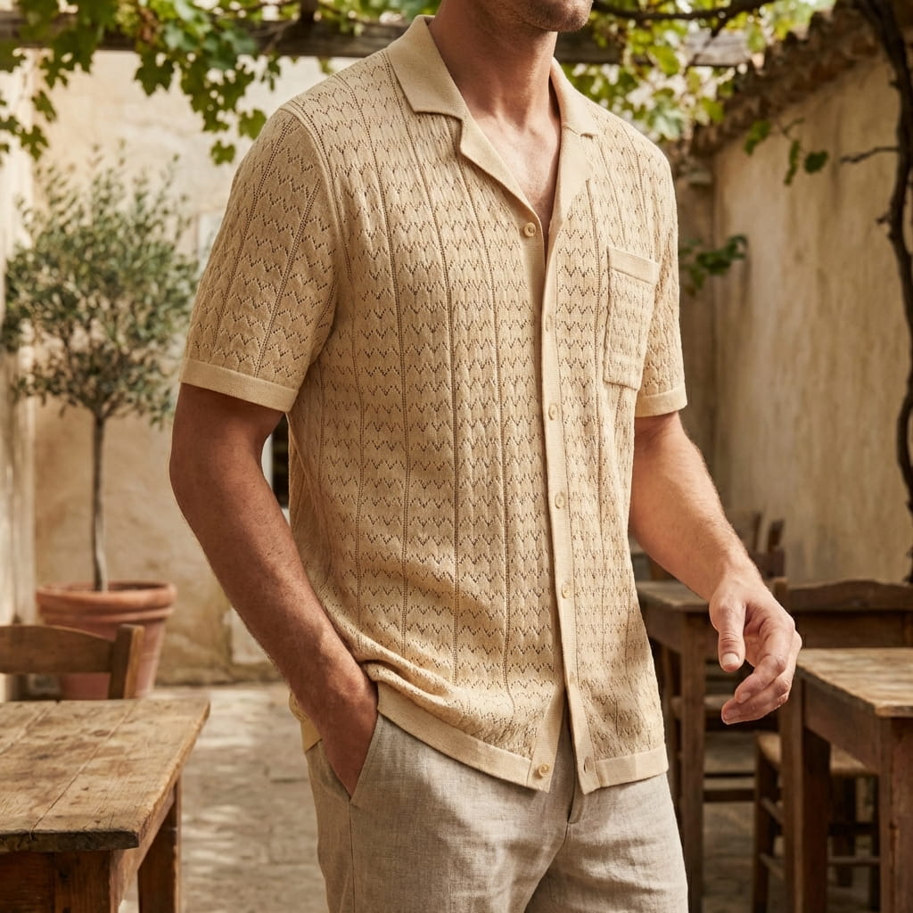 Polo da uomo in maglia con motivo geometrico e tasca — vacanze