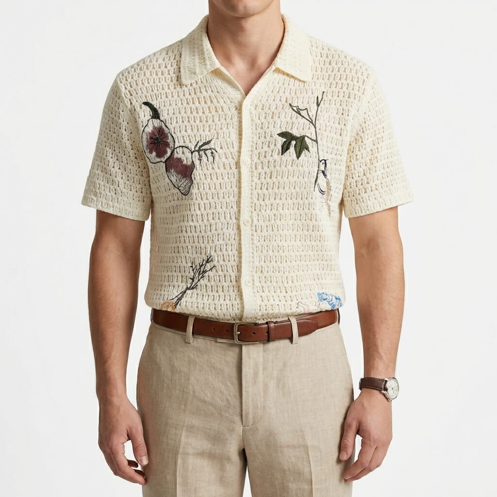 Polo de ganchillo hombre — bordado botánico — ropa de playa