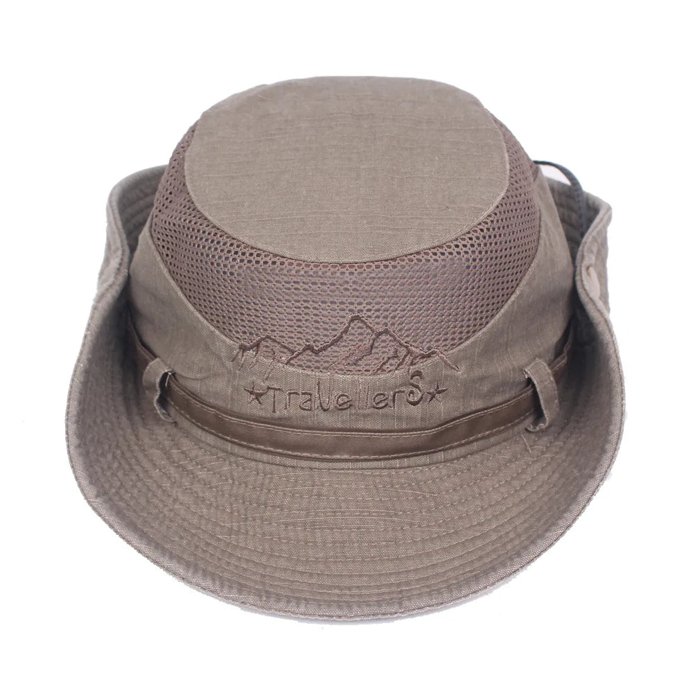 Unisex bavlněný klobouk typu bucket s prodyšnou síťovinou na cestování