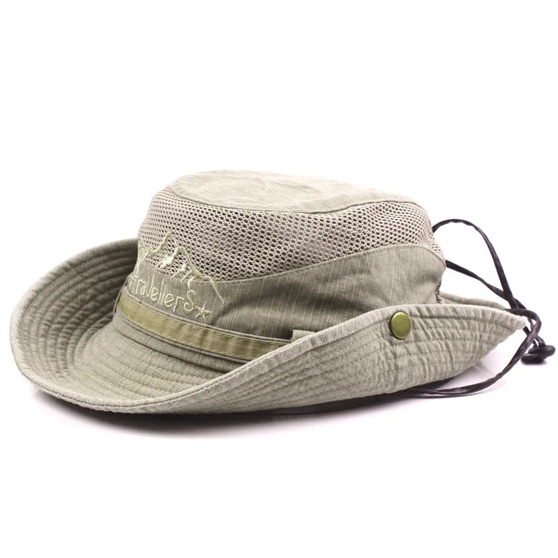 Unisex bavlněný klobouk typu bucket s prodyšnou síťovinou na cestování