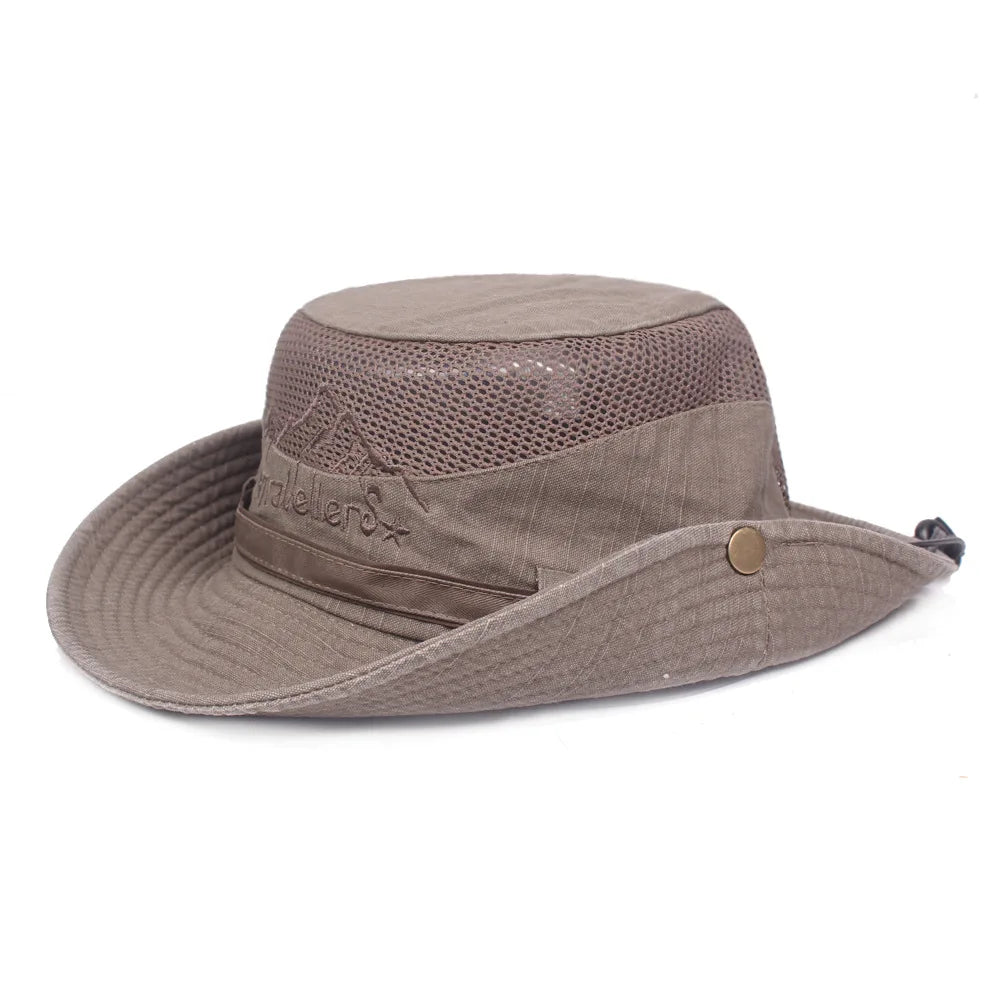 Unisex bavlněný klobouk typu bucket s prodyšnou síťovinou na cestování