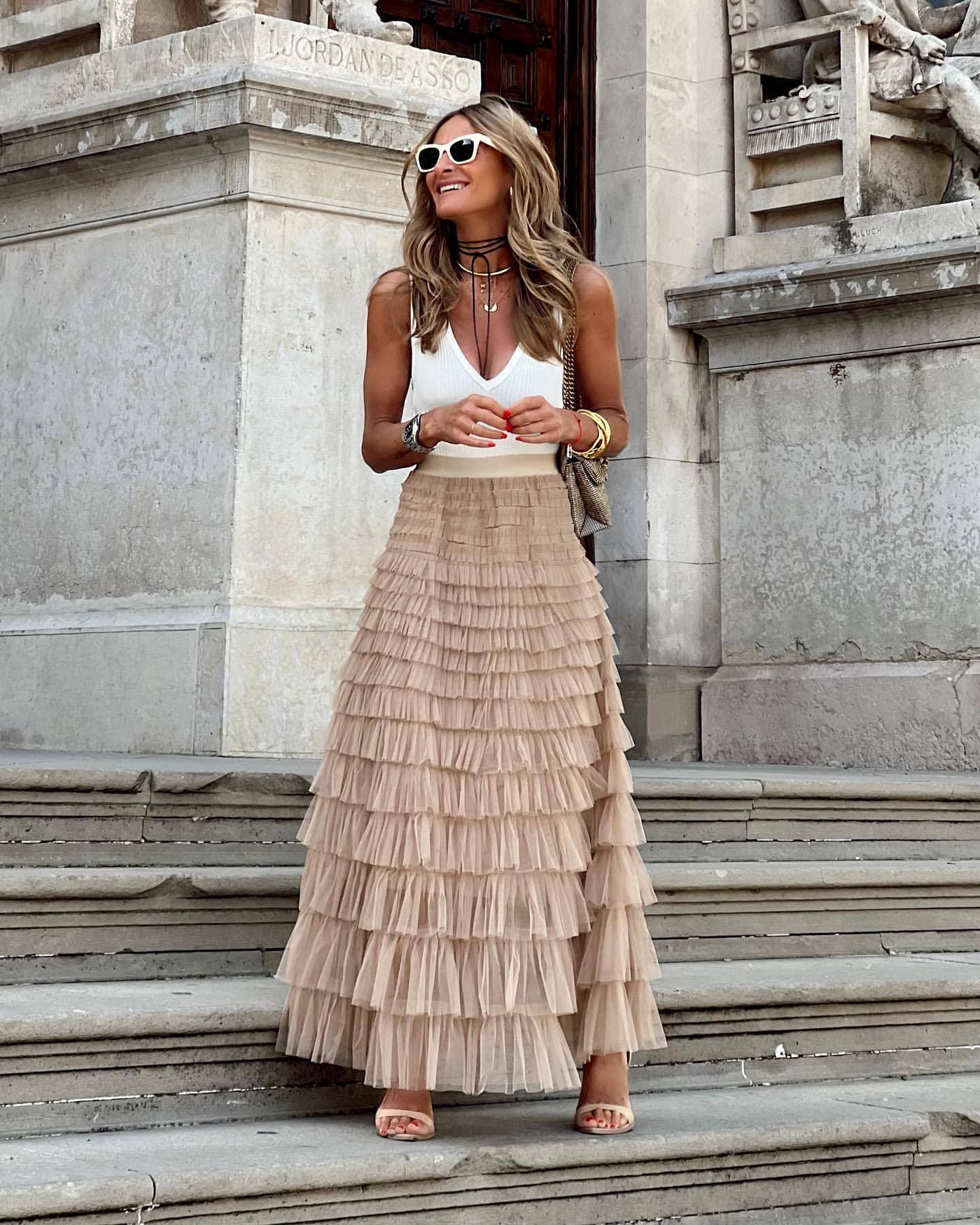 Falda maxi para mujer con capas de tul y cintura alta — boda