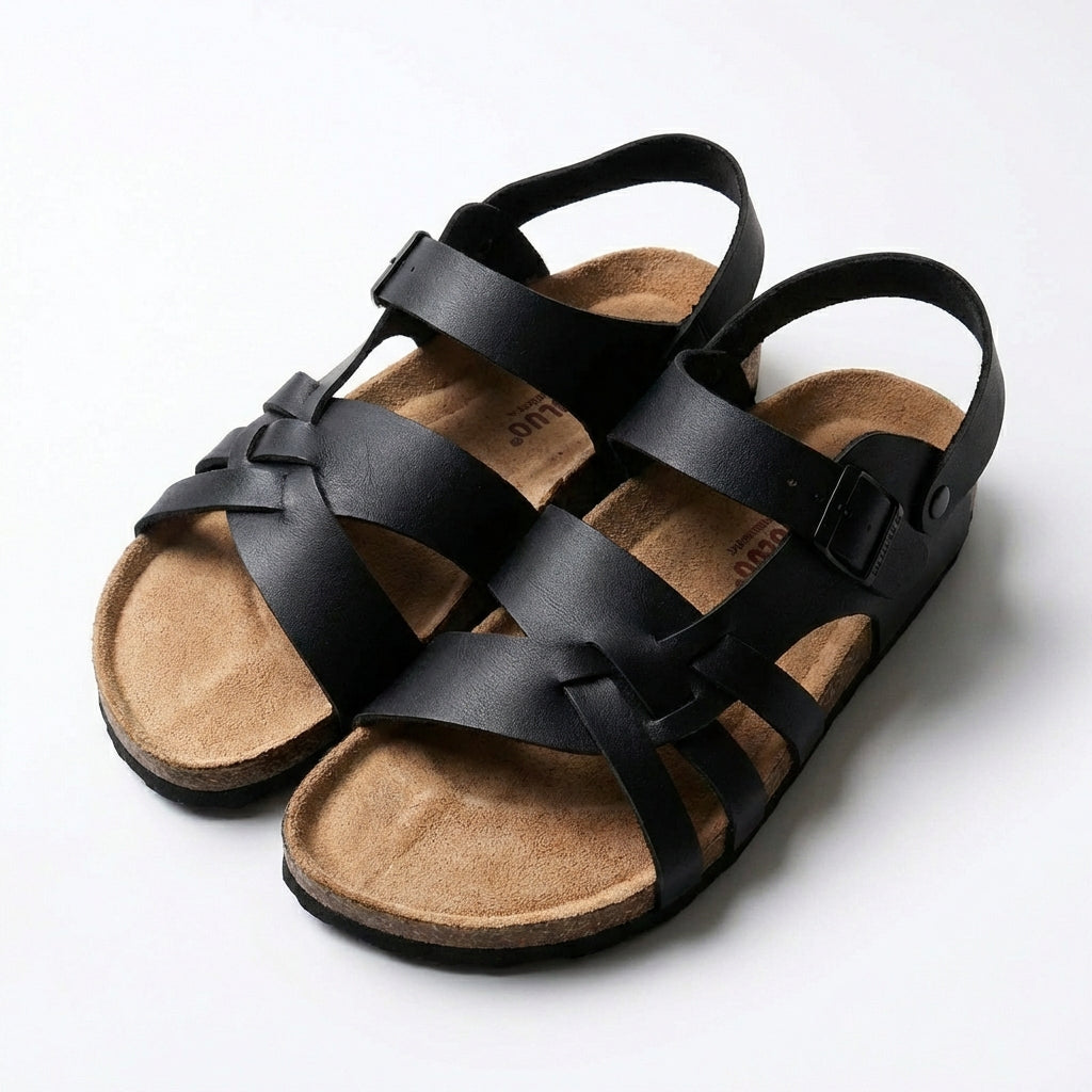Sandalias de Piel con Tiras Entrelazadas y Suela de Corcho para Hombre con Hebilla
