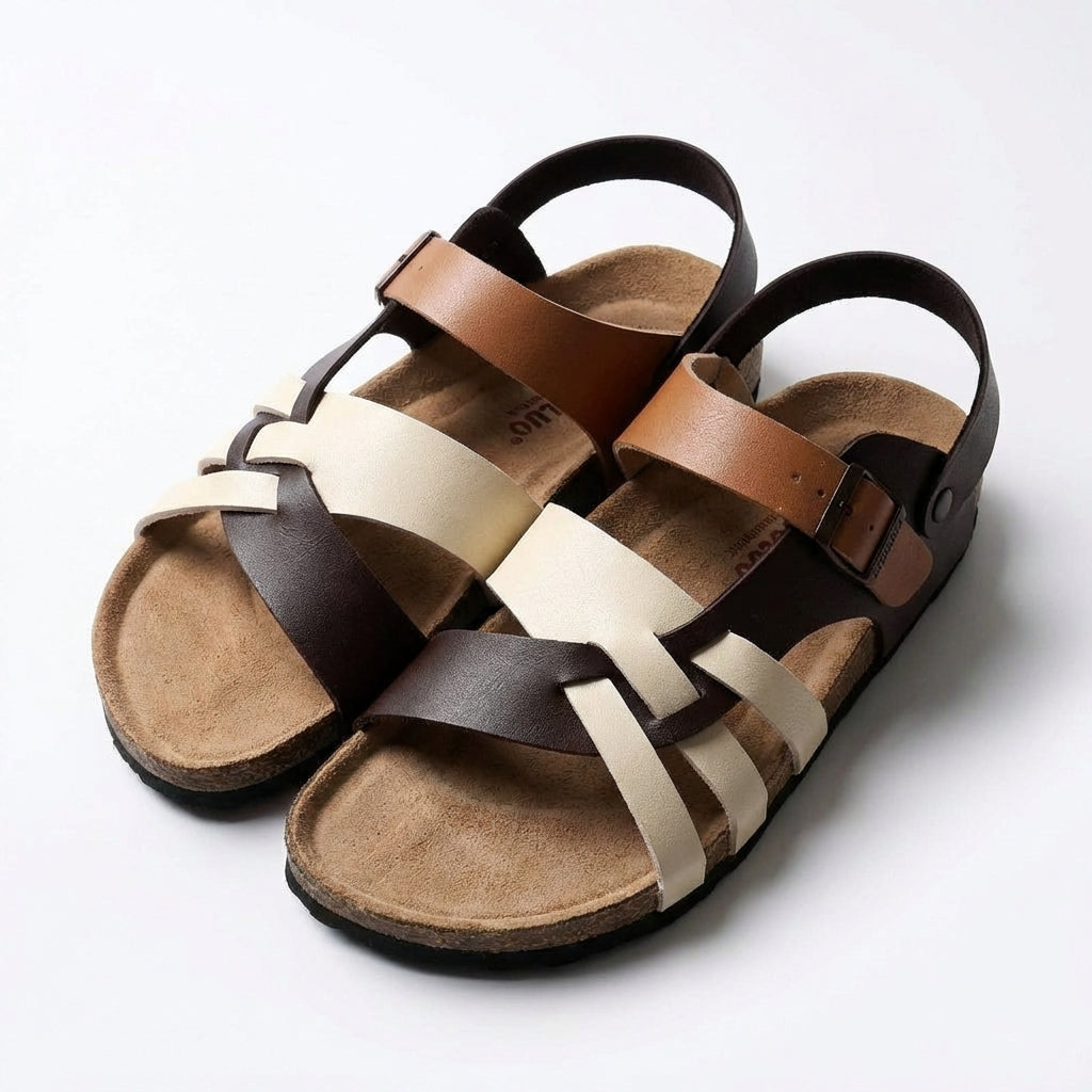 Sandalias de Piel con Tiras Entrelazadas y Suela de Corcho para Hombre con Hebilla