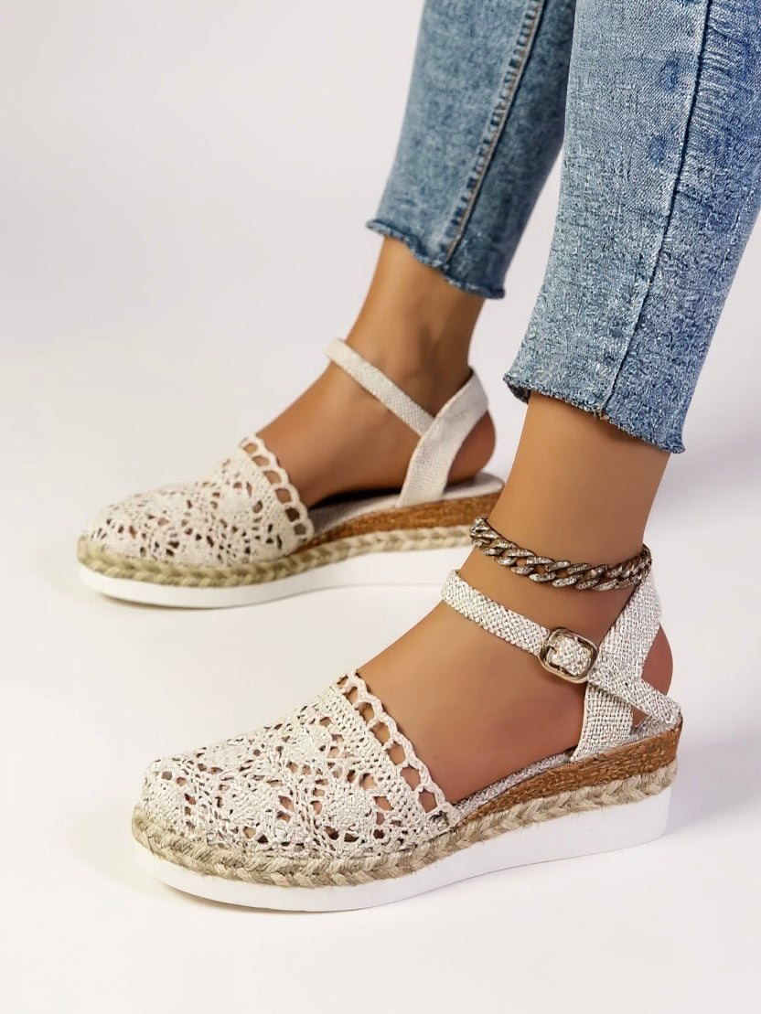 Sandalias de cuña para mujer con tira al tobillo y acabado natural - vacaciones