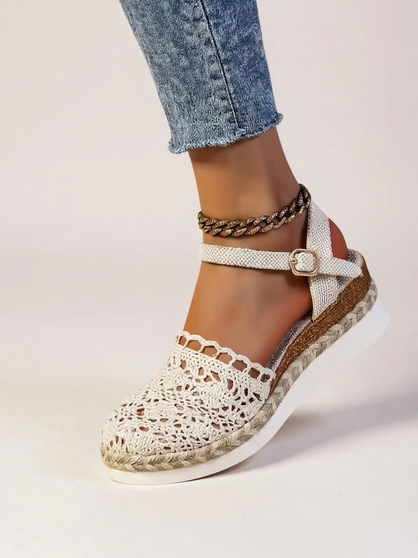 Sandalias de cuña para mujer con tira al tobillo y acabado natural - vacaciones