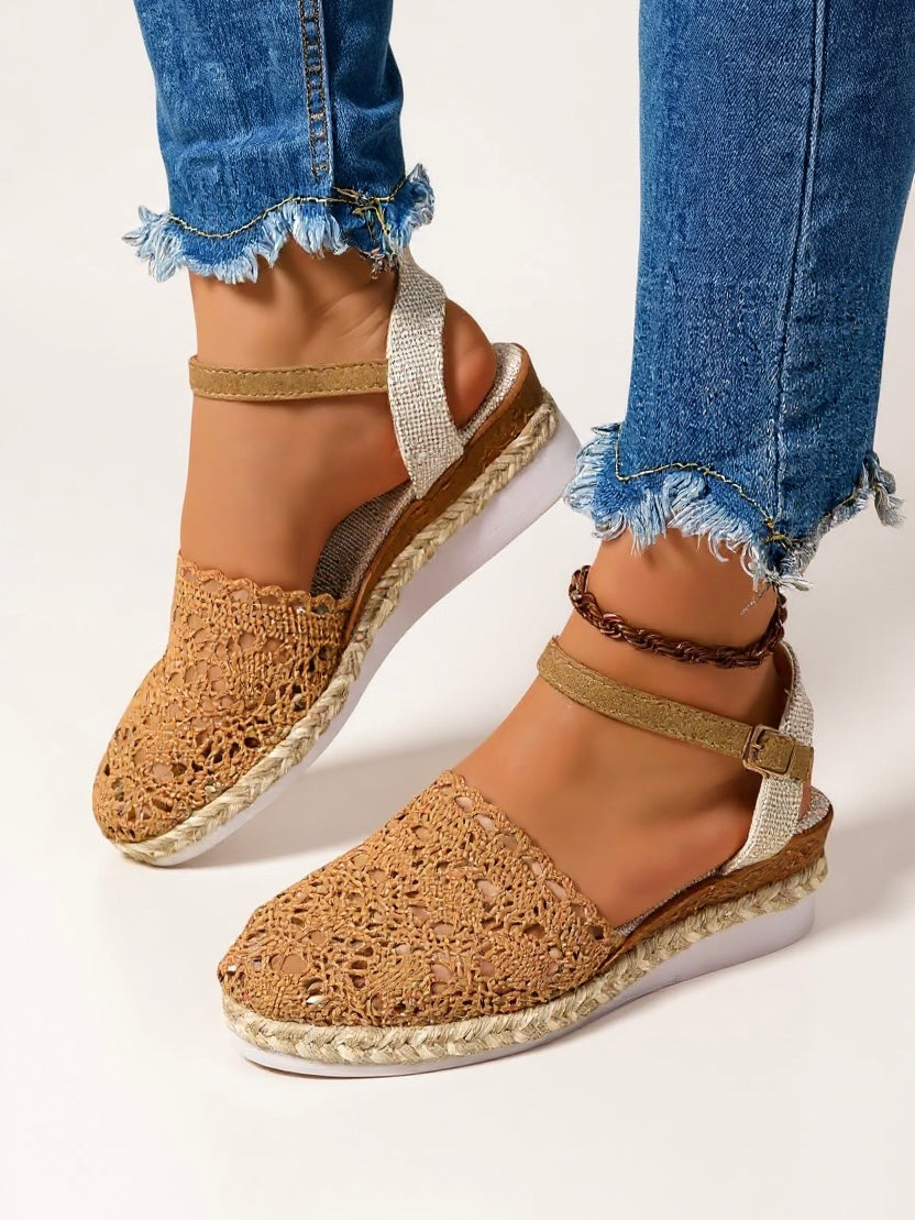 Sandalias de cuña para mujer con tira al tobillo y acabado natural - vacaciones