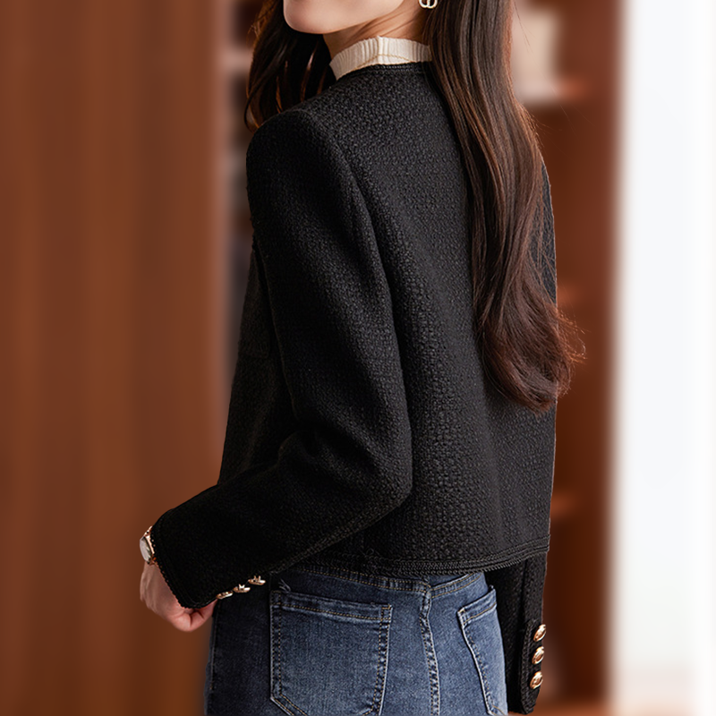 Chaqueta Corta de Estilo Tweed con Botones Decorativos y Cuello Redondo para Mujer