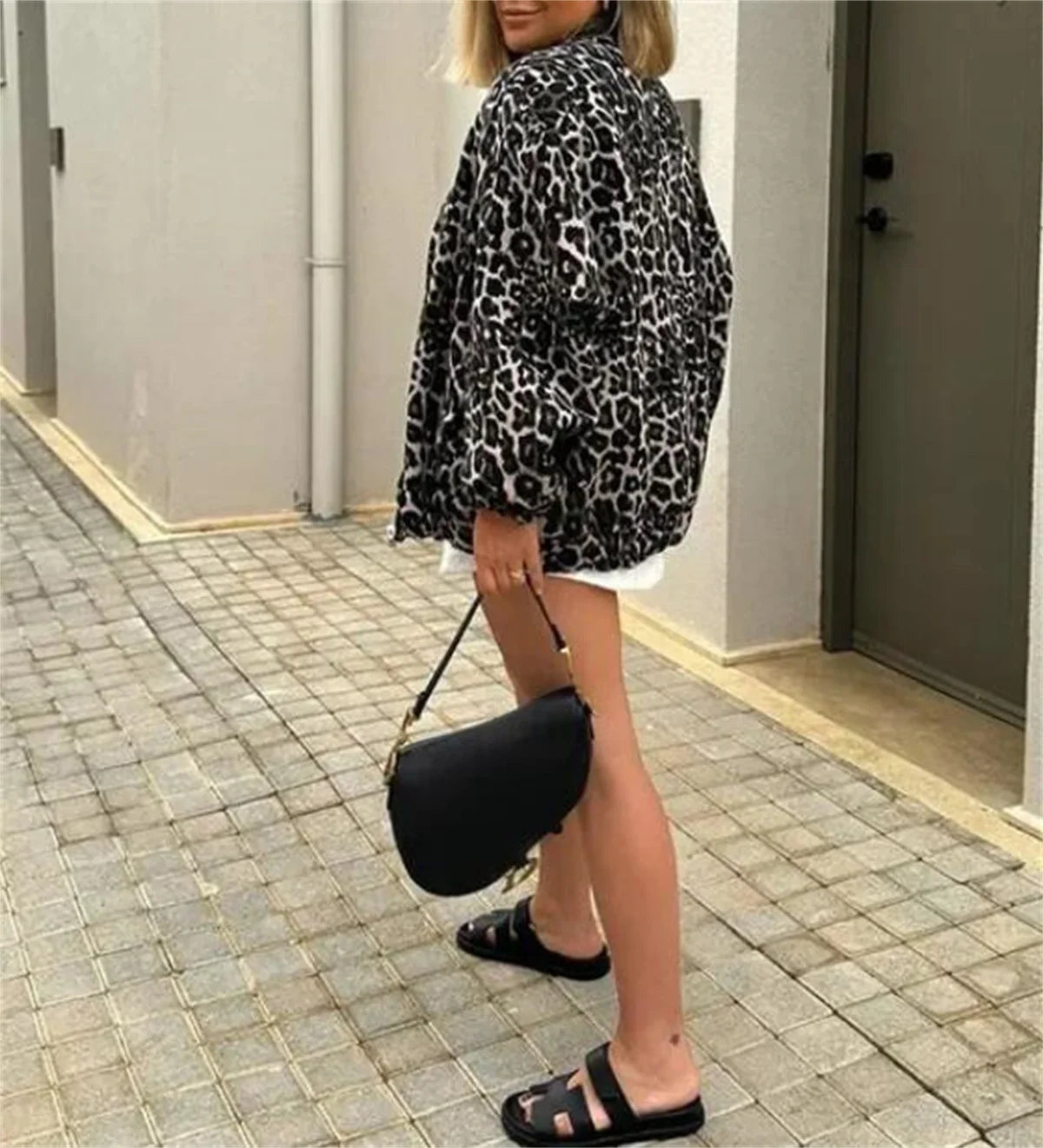 Veste Bomber Femme à Imprimé Léopard avec Fermeture Éclair Frontale
