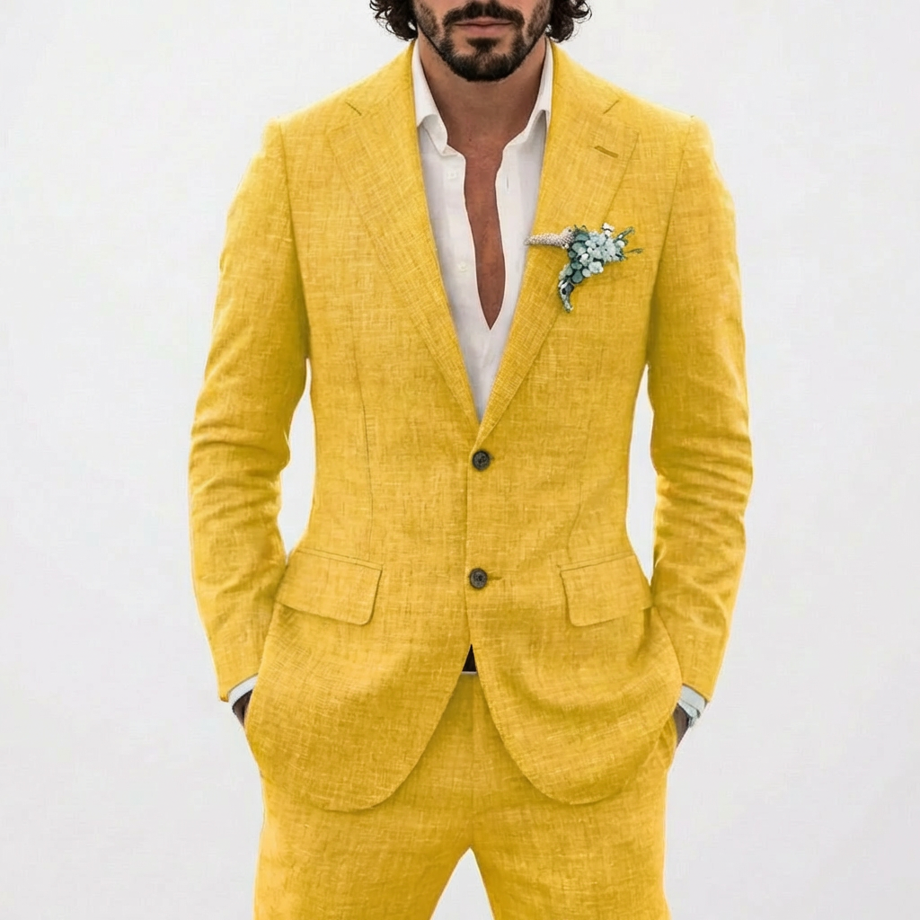 Two-Piece Linen Suit for Men Slim Fit Blazer and Pants Formal Wedding Set
