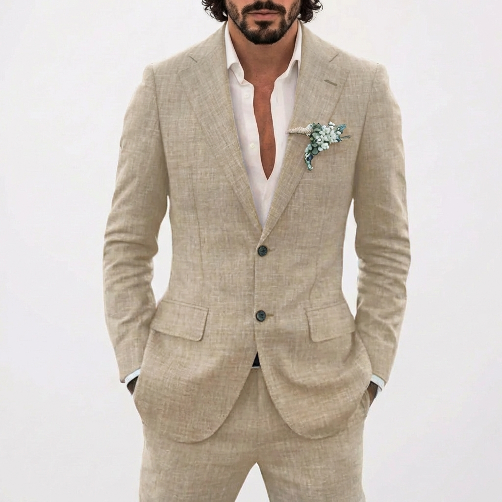 Two-Piece Linen Suit for Men Slim Fit Blazer and Pants Formal Wedding Set