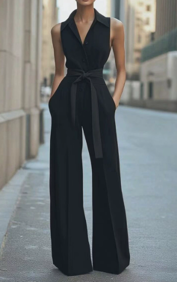 Sleeveless Women's Jumpsuit with Lapel Collar and Wide-Leg Long Pants