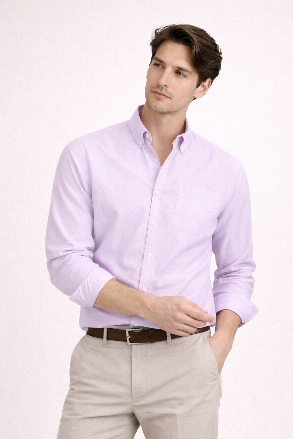 Camisa casual de manga comprida com bolso no peito e corte direito para homem