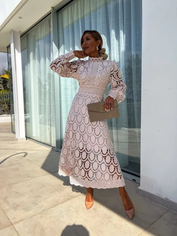 Vestido Largo de Mujer de Poliéster con Encaje Calado y Mangas Abullonadas