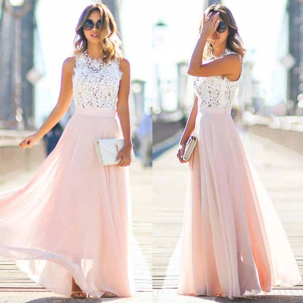 Vestido longo de renda e chiffon sem mangas com decote assimétrico e corte em linha A