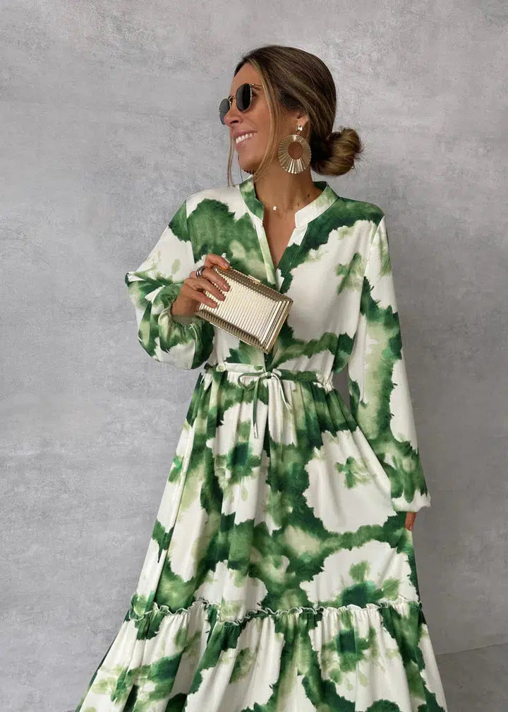 Vestido Largo de Poliéster con Estampado y Ajuste de Cintura con Cordones