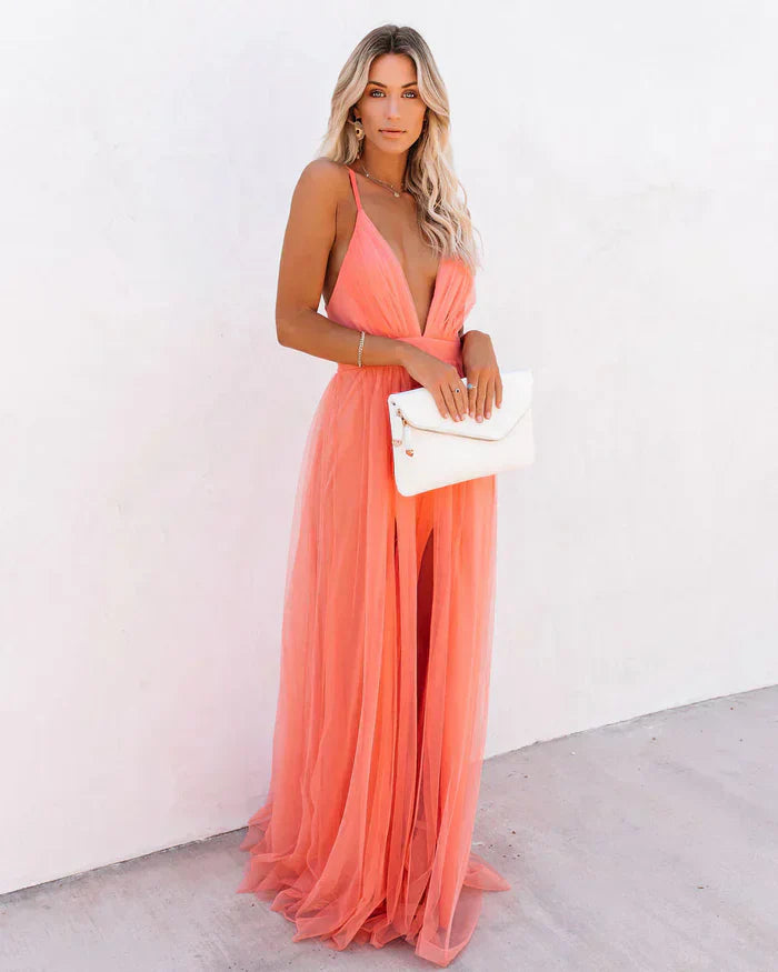 Vestido longo de chiffon com decote em V profundo e costas descobertas com alças