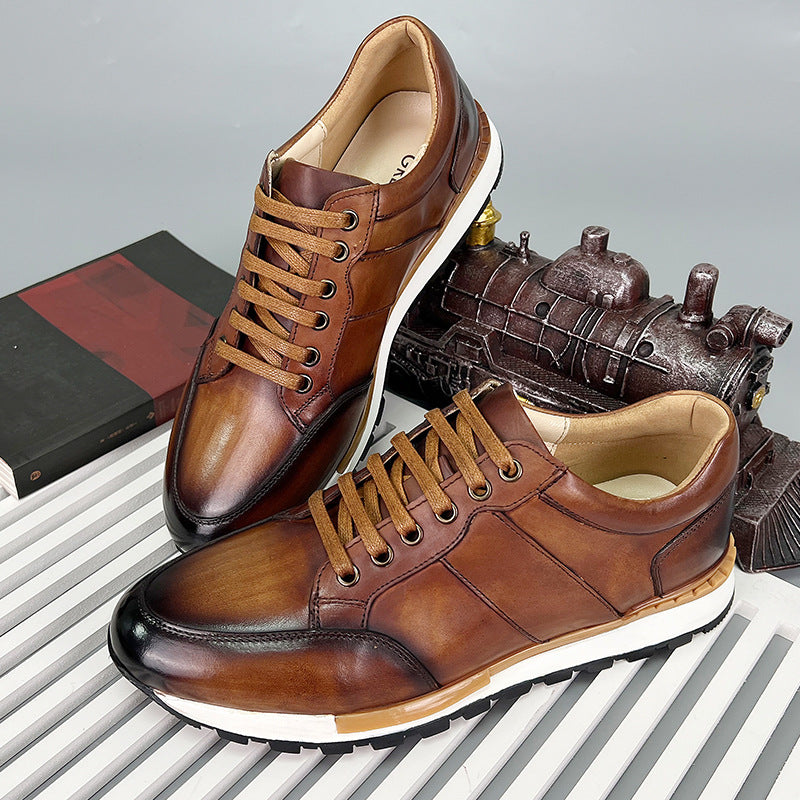 Baskets en cuir véritable pour homme avec lacets et semelle en caoutchouc antidérapante