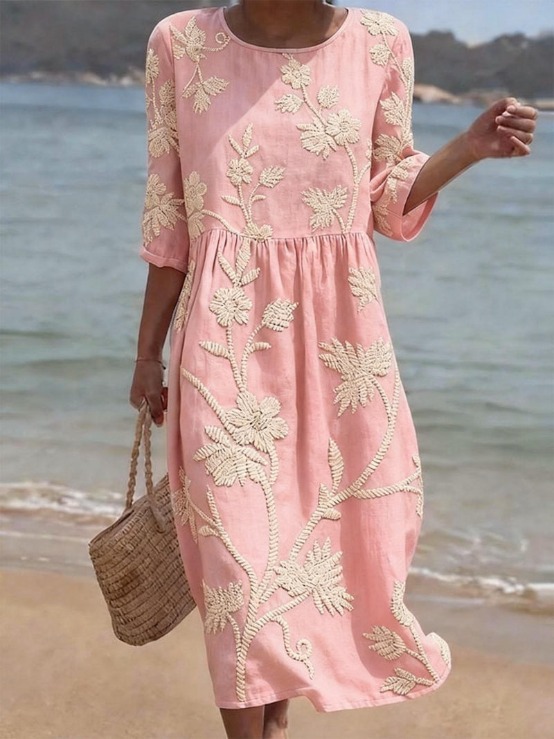 Vestito midi da donna con ricamo floreale, collo rotondo, comodo