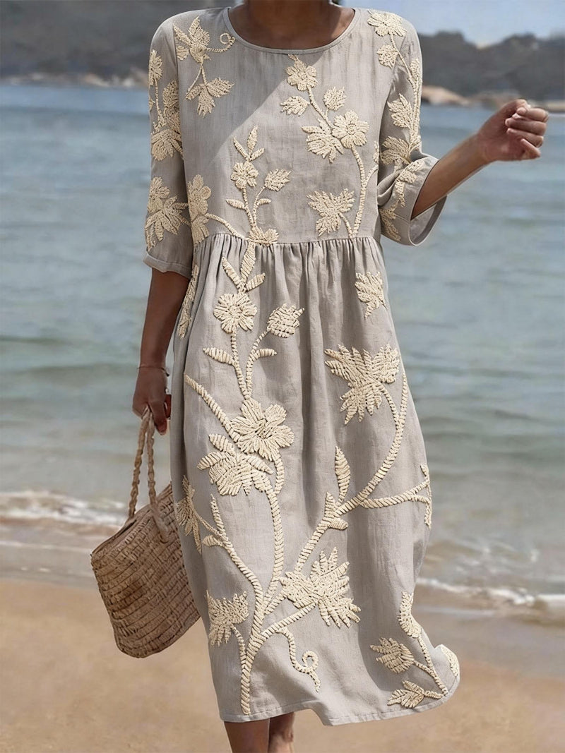 Vestito midi da donna con ricamo floreale, collo rotondo, comodo