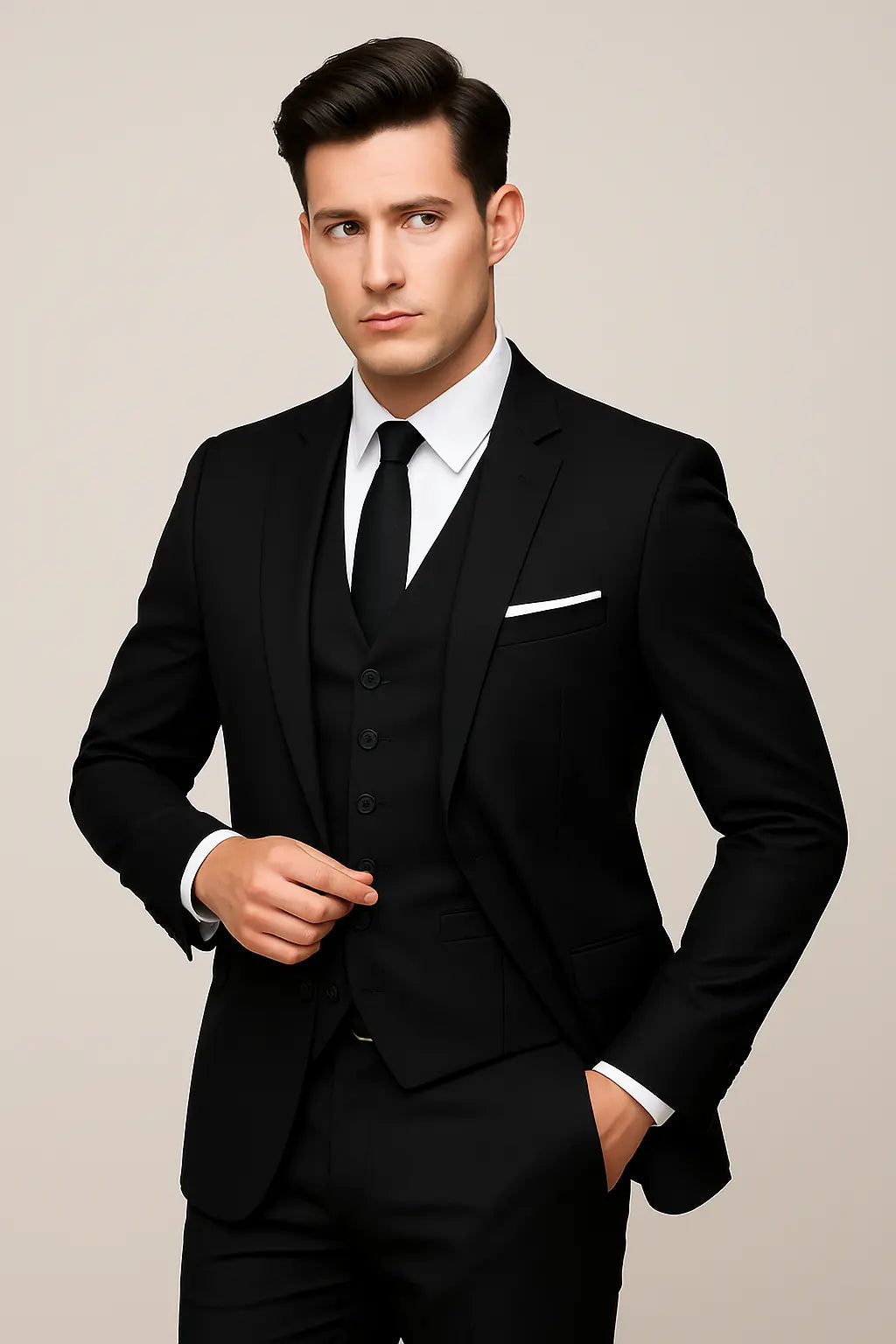 Traje de Tres Piezas para Hombre con Corte Entallado y Chaqueta de Un Solo Botón