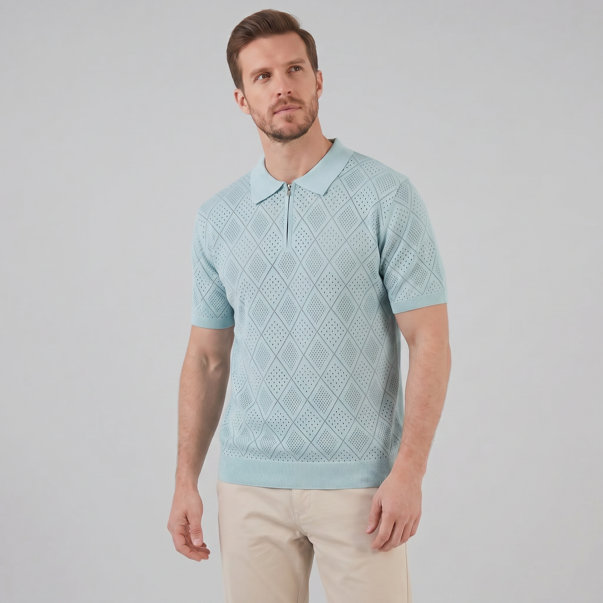 Tricou polo pentru bărbați cu fermoar și model perforat — vacanță