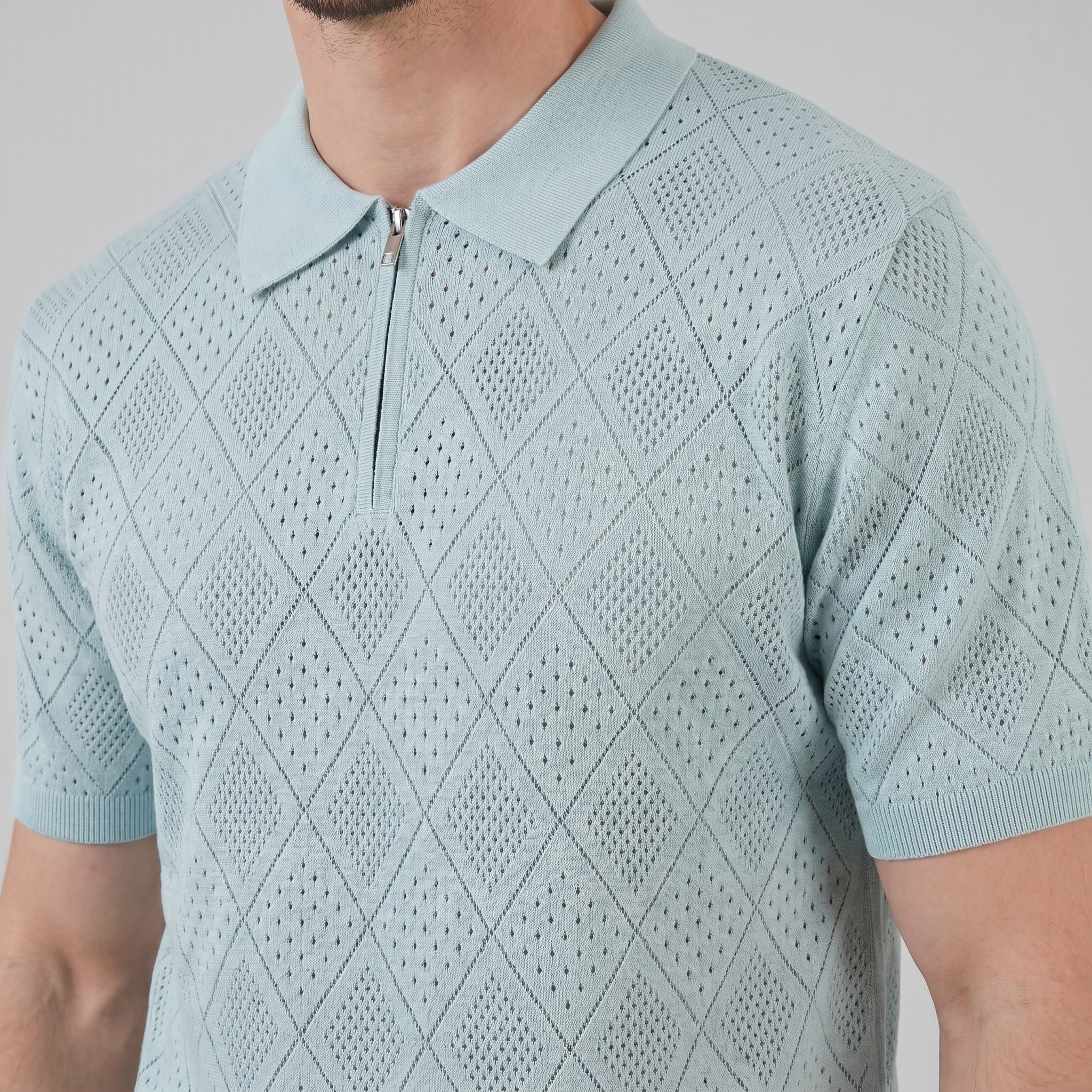 Tricou polo pentru bărbați cu fermoar și model perforat — vacanță