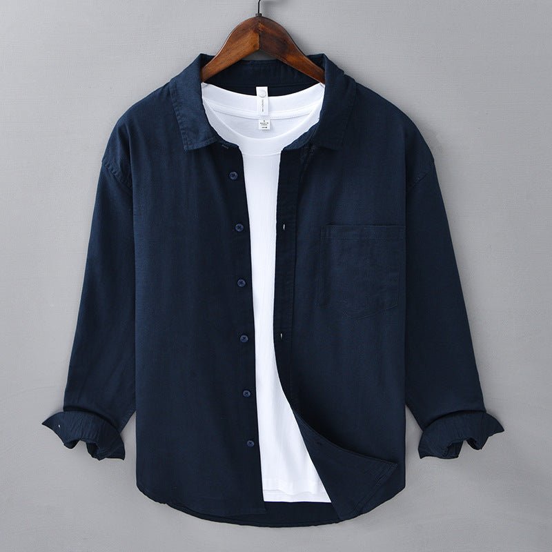 Camicia da Uomo in Cotone e Lino a Manica Lunga con Colletto a Risvolto e Bottoni