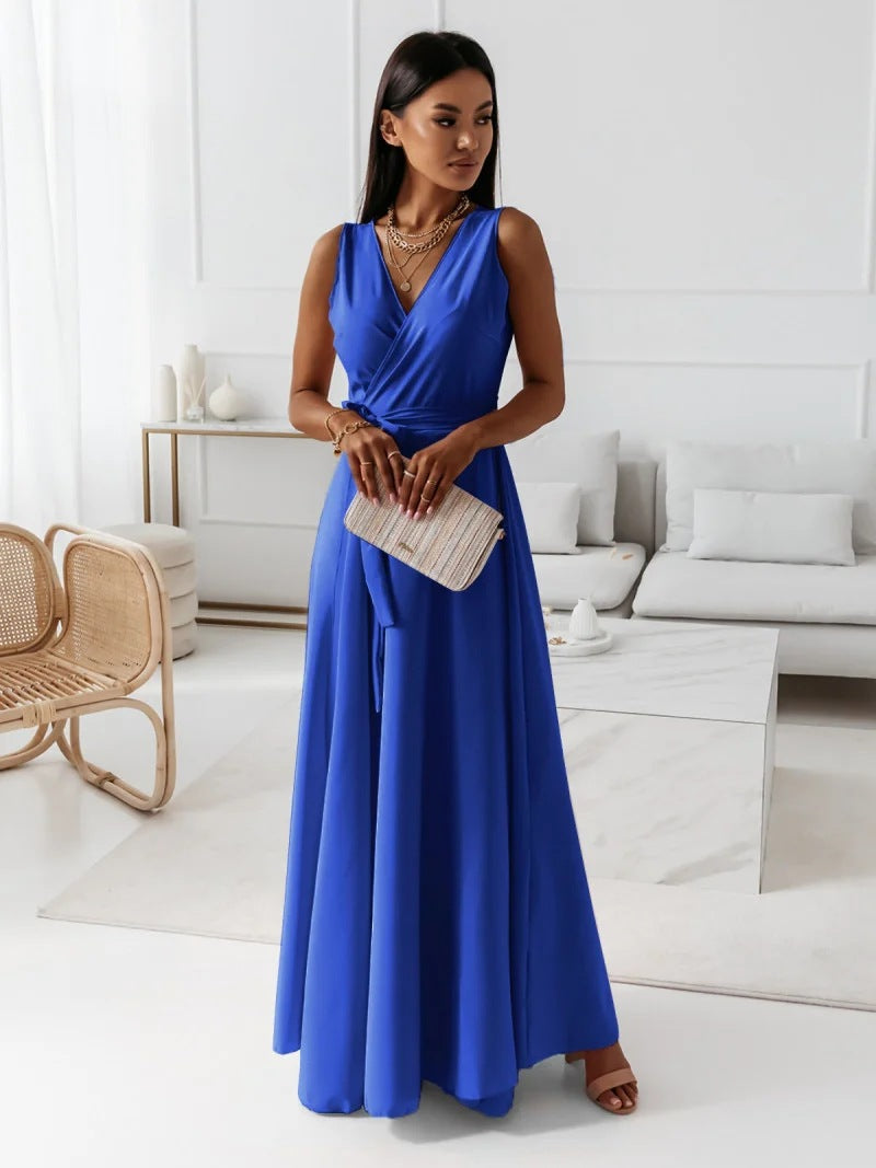 Wedding Guest Dress with V-Neck and Flowing Maxi Skirt for Women