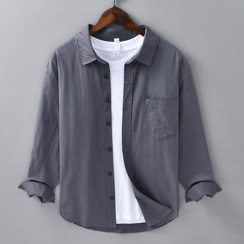 Camicia da Uomo in Cotone e Lino a Manica Lunga con Colletto a Risvolto e Bottoni
