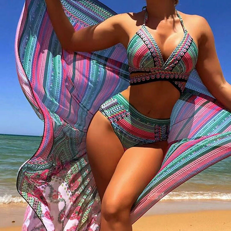Bikini de 3 Piezas con Talle Alto y Beach Cover Up Kimono de Playa para Mujer