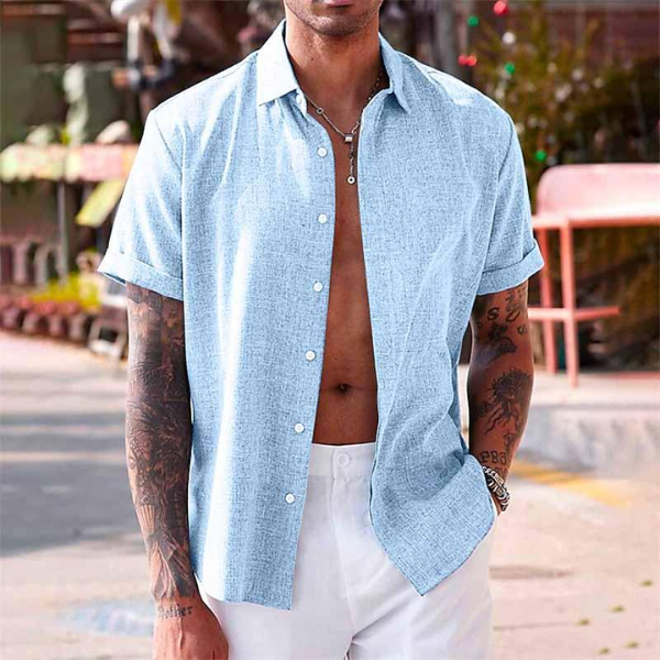 Men's Short Sleeve Linen Shirt with Collar and Buttons