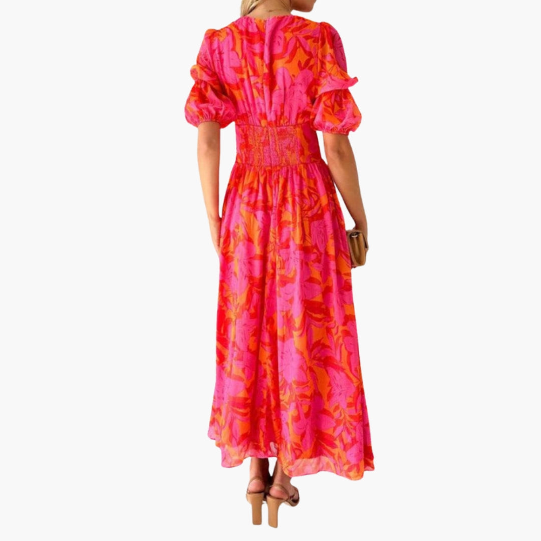 Vestido maxi de mulher com decote em V e mangas bufantes com estampado floral