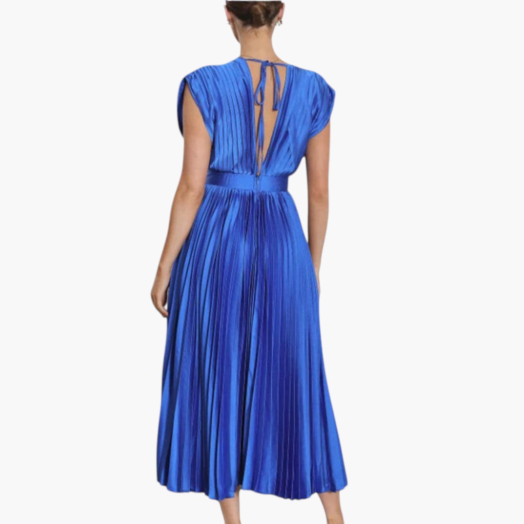 Vestido Midi de Mujer con Cuello en V y Falda Plisada con Vuelo