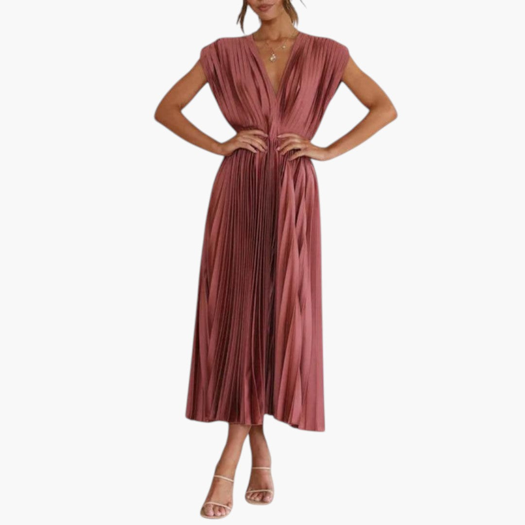 Vestido Midi de Mujer con Cuello en V y Falda Plisada con Vuelo