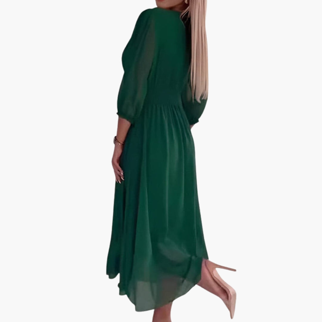 Chiffon Midi Dress with V-Neck and Three-Quarter Sleeves for Women
