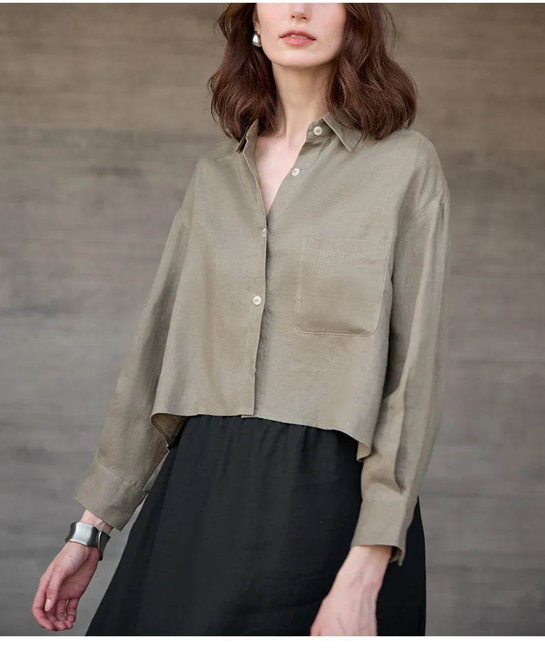 Sobrecamisa de Lino Corta para Mujer de Corte Oversize con Cuello en V y Botones