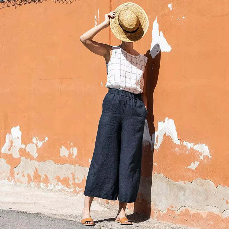 Pantalones de Lino para Mujer de Pierna Ancha con Cintura Elástica y Corte al Tobillo