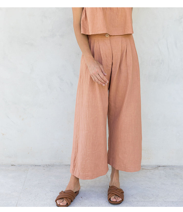 Culotte di lino da donna con vita alta e pieghe frontali