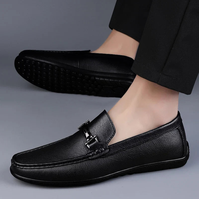 Men's Genuine Leather Driving Slip-On Loafers with Rubber Sole