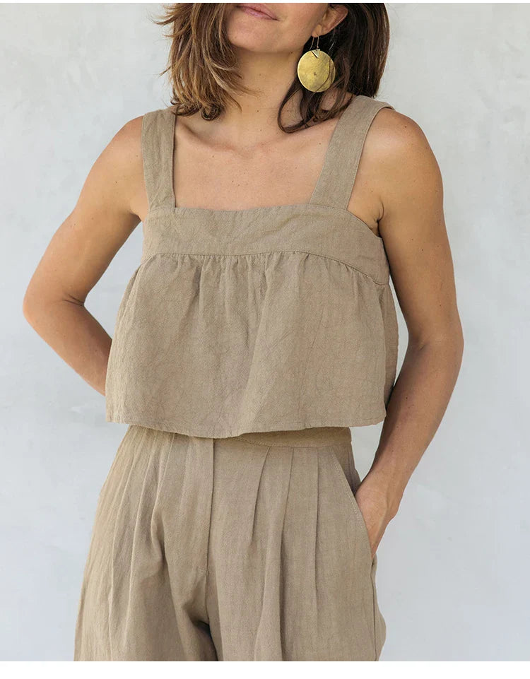 Culotte di lino da donna con vita alta e pieghe frontali