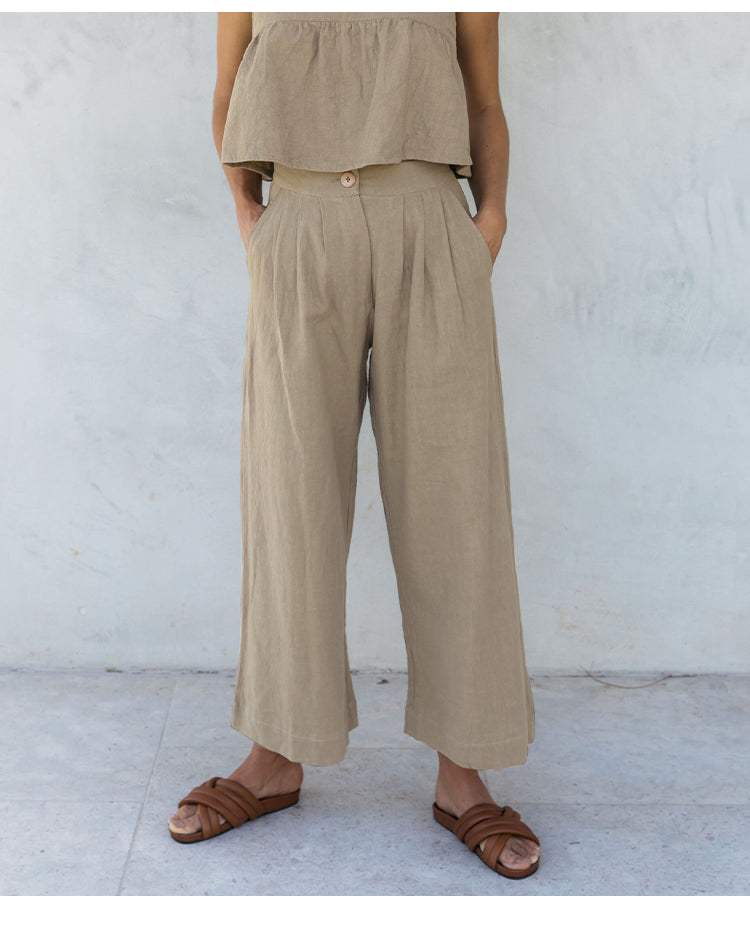 Culotte di lino da donna con vita alta e pieghe frontali