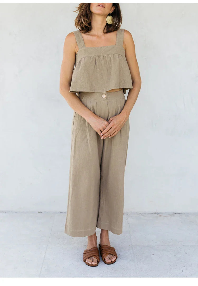 Culotte di lino da donna con vita alta e pieghe frontali