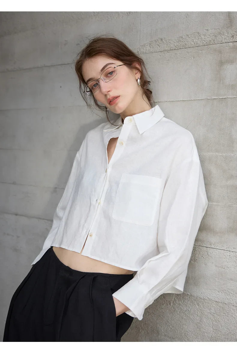 Sobrecamisa de Lino Corta para Mujer de Corte Oversize con Cuello en V y Botones