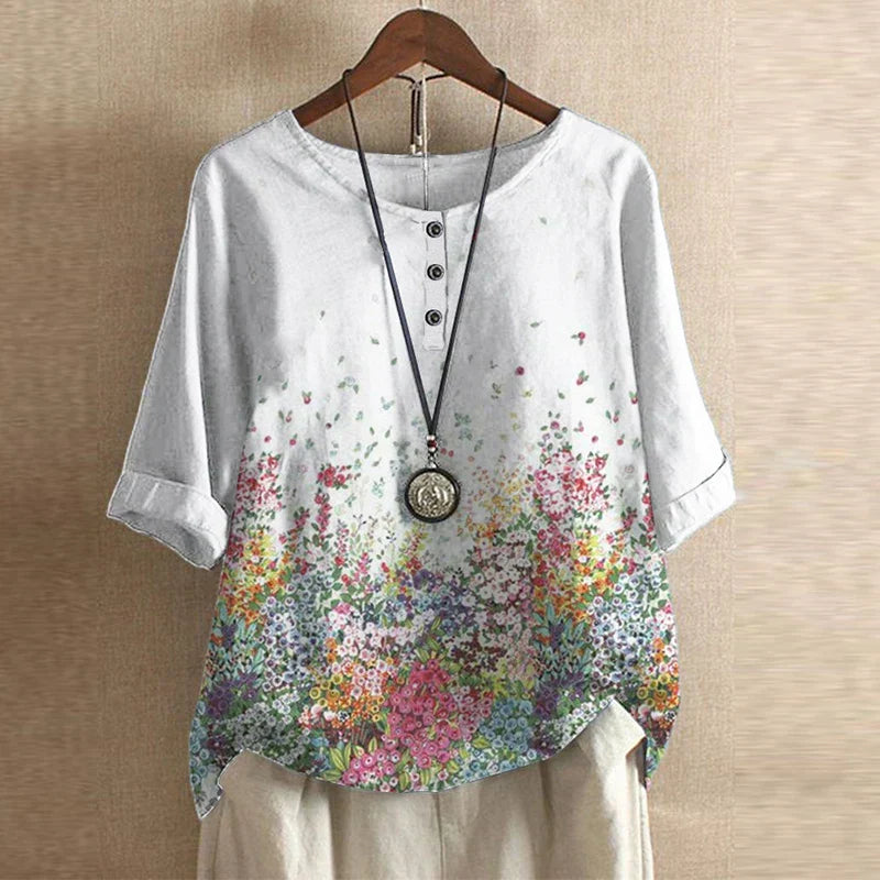 Blusa stampata in stile retrò con collo rotondo e bottoni per donna